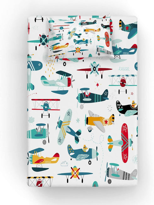 Set Size(3pc) Yasida Cartoon Airplane Bed Sheets Queen Size for Kids Teens Colorful Cartoon Propeller Plane Bed Fitted