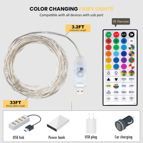 33ft 100LEDs 20 Fairy Lights USB Plug in with Remote, Warm White Color Changing Light Twinkle Firefly String Lights