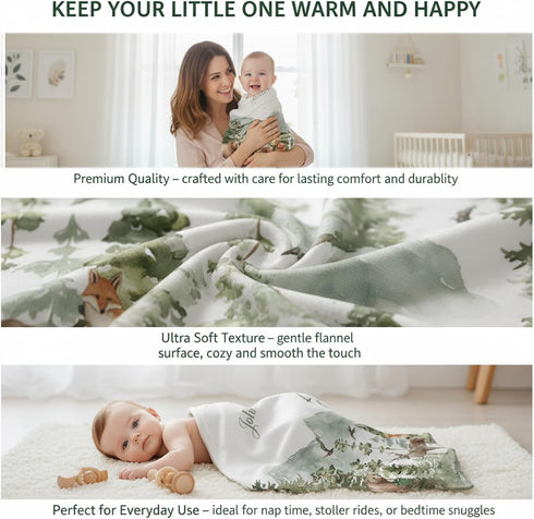 Personalized Woodland Baby Blanket with Name, Custom Name Blanket for Boy, Printed in USA, Super Soft Blankets