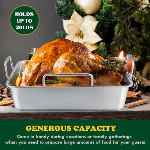 E-far Roasting Pan - 16 x 11.5 Inch Stainless Steel Turkey Roaster with Rack, Deep Broiling Pan, Easy Clean