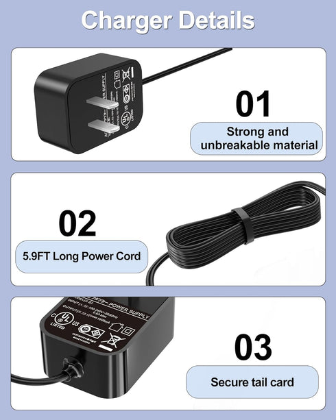 WUKUR Charger for Dirt Devil Versa Vacuum BD22025 BD22050 BD30025 BD22052 BD30025BFD Replacement with 5.9FT Power Cord