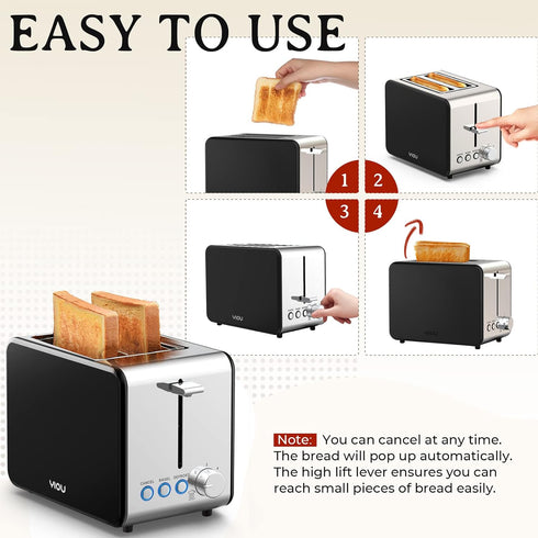 YIOU 2 Slice Stainless Steel Toaster with 1.5 Inch Extra Wide Slots, 6 Browning Settings, Removable Crumb Tray, Black