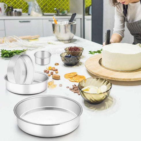 TeamFar Cake Pan Set, 4'' & 6'' & 8'' & 9 ½'' Stainless Steel Round Baking Pans for Baking, Steaming, Serving