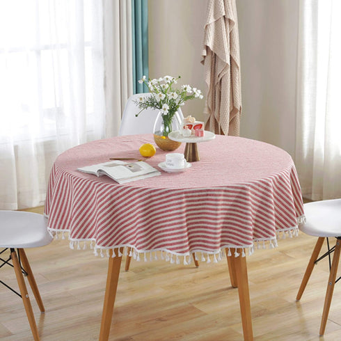 39 Inch) meioro Round Tablecloth Stripe Tassel Table Cloth Cotton Linen Dust-Proof Cover for Dining Circle Coffee Side