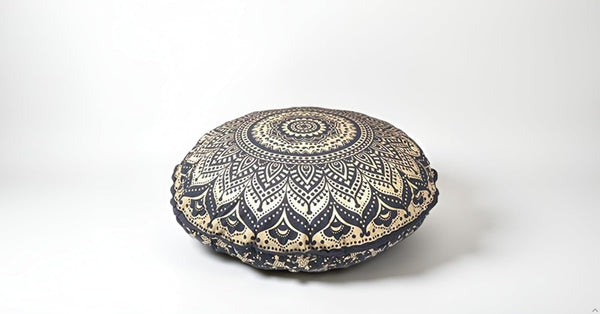 32" Gold Mandala Barmeri Large Floor Pillow Cover - Hippie Decorative Zipped Pouf Ottoman (Gold Black)