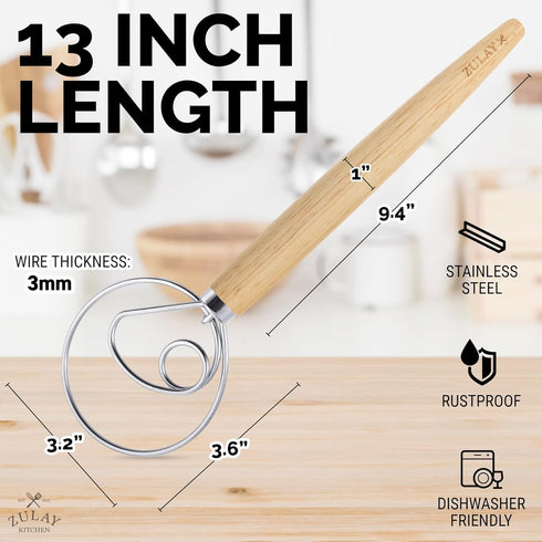 Zulay Kitchen 13-Inch Danish Dough Whisk - Wooden Danish Whisk for Dough with Stainless Steel Dough Hook - Traditional Dutch Whisk - Bread Whisk for Sourdough, Pizza, Pastry, Cake Batter by Zulay Kitchen