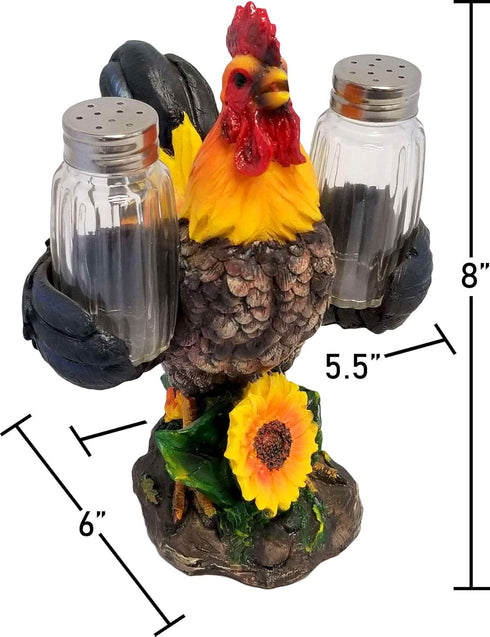 DWK 8-inch Spice to Crow About Country Rooster Salt and Pepper Shaker Figurine Display Holder - 3-Piece Set