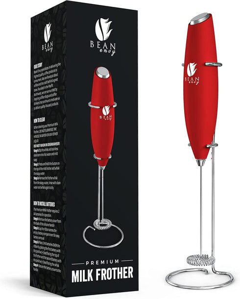 Bean Envy Red Milk Frother Handheld for Coffee, Electric Blender, Mini Drink Mixer Whisk & Coffee Foamer Wand