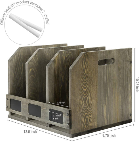 MyGift Vintage Gray Solid Wood Magazine Holder with 3 Compartments, Office Home Document Organizer