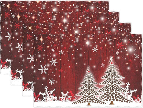 Christmas Tree with Snowflake Placemats Set of 6, Winter Holiday Kitchen Mat Dining Place Mat, Heat-Resistant