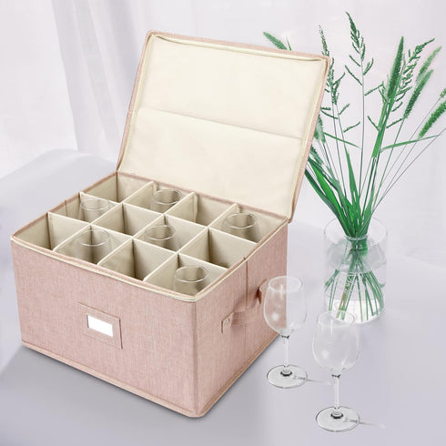 popoly Wine Glass Storage Box, Stemware Storage Containers Cases with Dividers, Stackable Moving Supplies for 12 Wine Glasses, Drinkware, Glassware or Crystal (Beige) by popoly