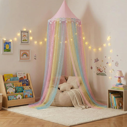 Rainbow Bed Canopy for Girls,Shiny Kids Princess Round Dome Bed Curtain with Star Moon Glitter,Kids Crib Canopy Play