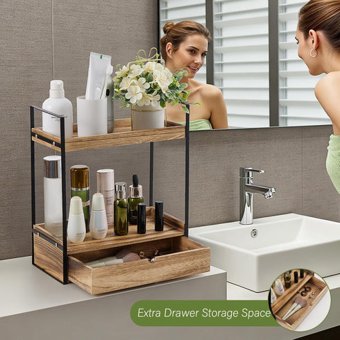 Auysbytdd 2-Tier Countertop Counter Bathroom Organizer with Drawer, Wood Shelf for Storage, Cosmetic Storage Vanity