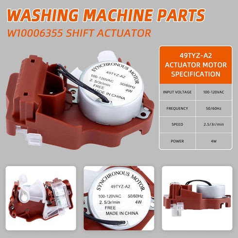 W10006355 49TYZ-110 Washer Shift Actuator Compatible with Cro-sley Whirl-Pool May-tag Ken-More Washing Machine Replaces WPW10006355 AP4514409 EAP11747977 PS11747977 WPW10006355VP 3 Year QA