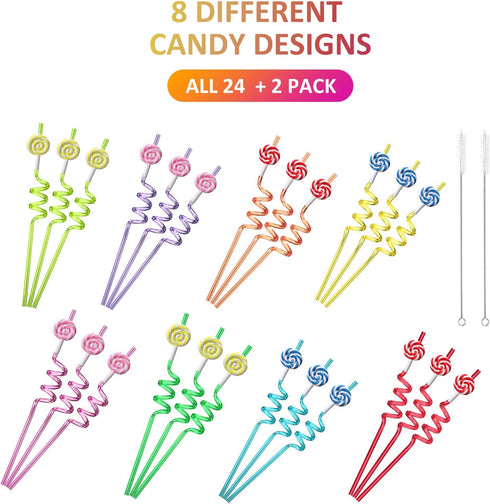 Candyland Party Supplies Drinking Plastic Straws, Reusable 24 for Kids Birthday Party Favors