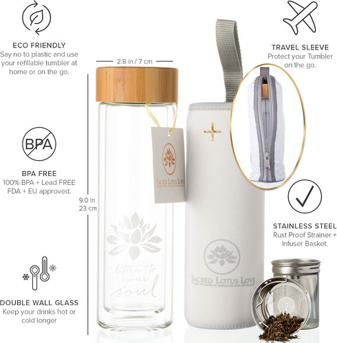 15oz Cozy Sacred Lotus Love Double-Walled Glass Tea Tumbler with Infuser and Strainer - Perfect for Loose Leaf Tea