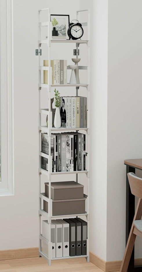 6 FIDUCIAL HOME Tiers Tall Narrow Bookshelf Book Shelf Skinny White Bookcase Thin Slim Book Rack Storage Organizer Easy