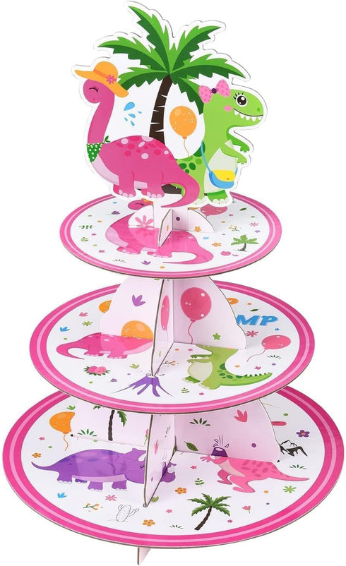 WERNNSAI Dinosaur Cupcake Stand - 3-Tier Pink Dinosaur Birthday Party Decorations for Girls, Cardboard Dessert Tower