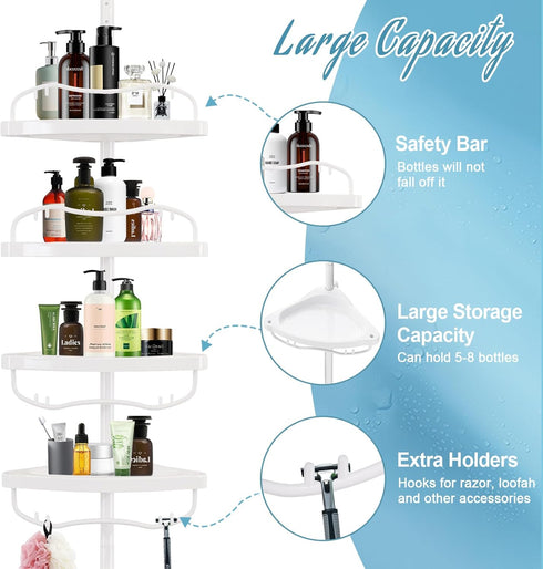 Corner Shower Caddy Tension Pole, Rustproof Organizer with 4 Adjustable Shelves for Inside Shower, 40"-120" White