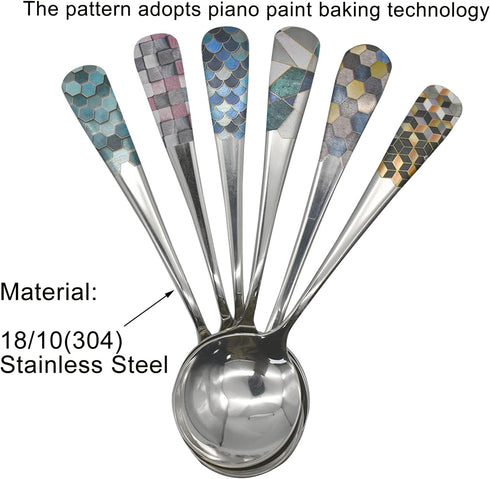 6pcs Round Head Soup Spoons, 6.22inch Fashion Printing Pattern Tablespoon, 18/10 Stainless Steel Korean Spoons