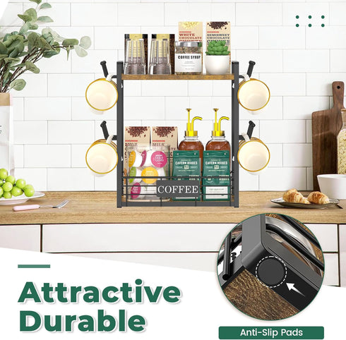 EsLuker.ly 2 Tier Coffee Bar Organizer, Multi-functional Countertop Shelf with 12 Hooks for Home Office