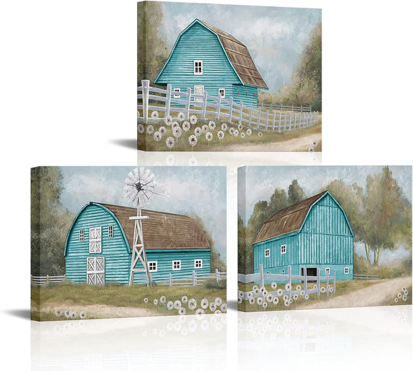 HOMEOART Farmhouse Wall Art - Country Barn Painting Picture, Framed Ready to Hang, 12x16inchx3 (Turquoise)