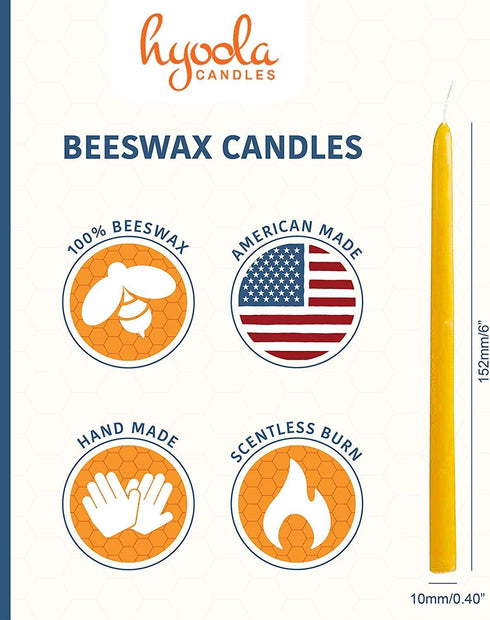 Hyoola 25 Pack Thin Beeswax Taper Candles - Handmade, 100% Pure Scented Bee Wax Candle - 6” Tall, Golden Yellow