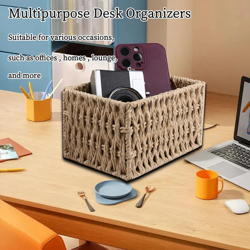 Paper Woven Storage Baskets with Iron Frame, Set of 3 Desk Organizers