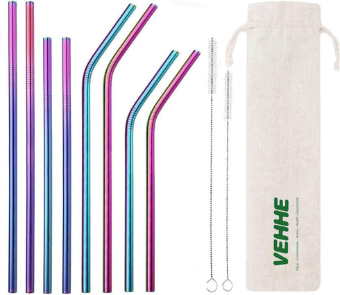 VEHHE Reusable Straws Set - 8 Multi Color Stainless Steel Straws with Cleaning Brush (Rainbow, 8.5 inch + 10.5 inch)