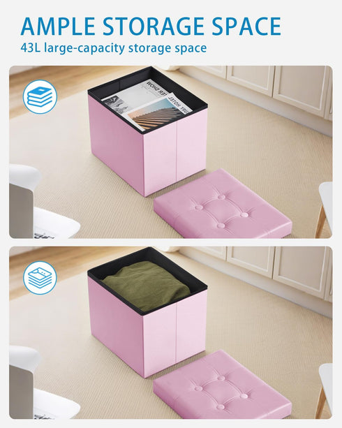17 inches Storage Ottoman Foot Stool, Folding Ottoman with Storages, Velvet Storage Bench with Side Pocket, Foot Rest