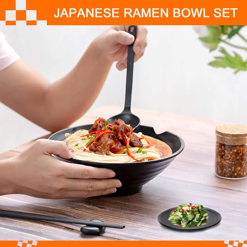 Vivimee Unbreakable Japanese Style Ramen Bowl Set of 2, 37oz Black Large Matte Melamine Bowls with Spoons & Chopsticks