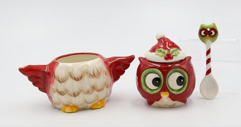 Owl Sugar and Creamer, 5 3/4 X 2 7/8 X 5 3/8"H, Red, White, Black, Green