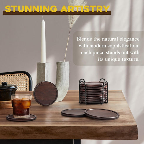 Set 8 4 Inch Wood Coasters with Metal Holder, GOH DODD of Walnut Wooden Coaster Tabletop Protection for Drinks Coffee