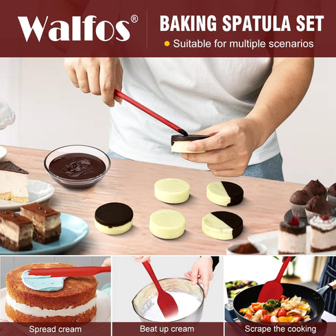 Walfos Silicone Spatula Set of 5, 600°F Heat Resistant Kitchen Scraper, Strong Steel Core, BPA Free, Red