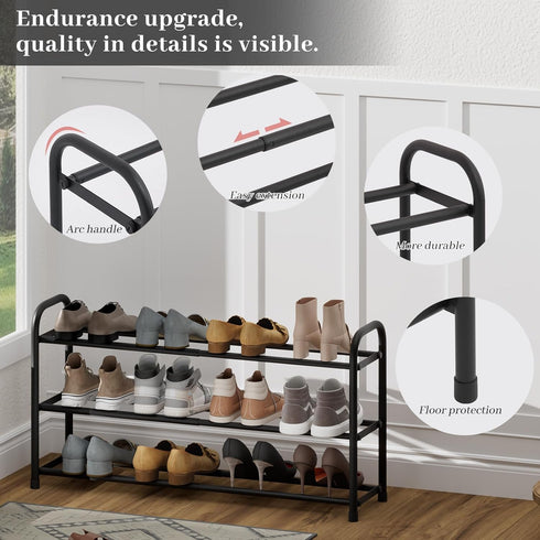 AUGOHCMIL 3-Tier Closet, Expandable Shoe Rack, Metal Small Shoe Rack, Adjustable Shoes Organizer, Storage Shelf