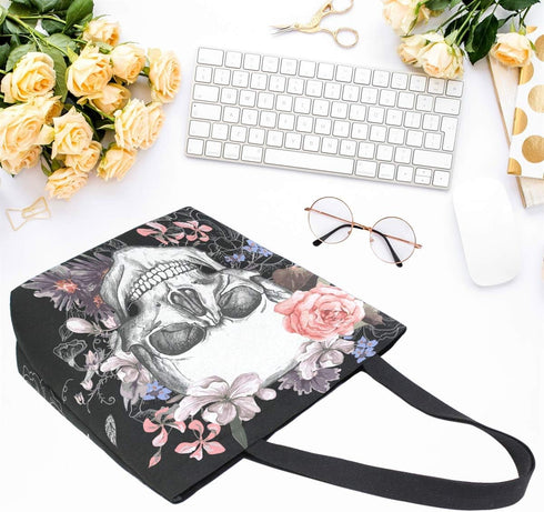 Naanle Day of The Dead Canvas Tote Bag - Large Floral Skull Reusable Cotton Handbag for Shopping, Outdoors