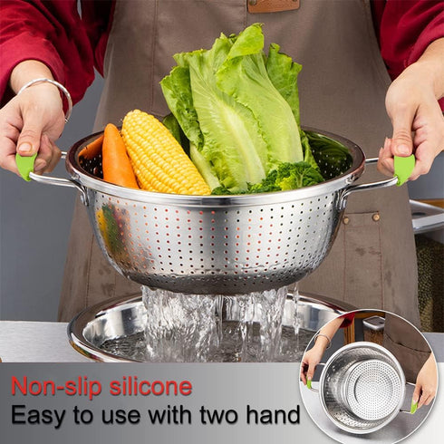 Stainless Steel Deep Colander, 2.5 Quart Micro-perforated Food Strainer with Green Silicone Handles for Draining Pasta