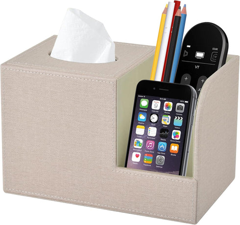 PU Leather Square Tissue Box Cover, MultiFunctional Holder for Tissue and Remote Control, Decorative Desk Organizer for