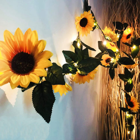 2 Pack 8.8FT Artificial Sunflower Garland with 100 LED Fairy String Lights, Faux Sunflowers Hanging Plant for Indoor,