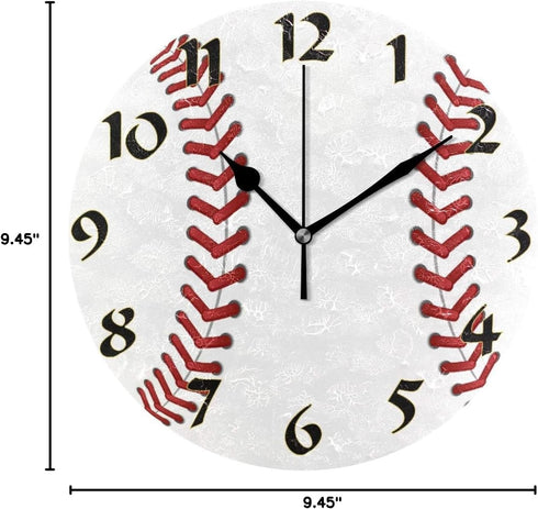 Cute Arabic Numeral Design Baseball Silent Non-Ticking Round Wall Clock, Vintage Design 9.45 Inch