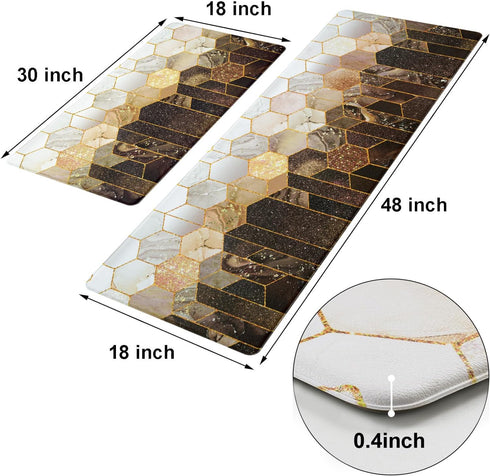 Likiyol Kitchen Rugs Set of 2, Brown Gold Ombre Marble Anti Fatigue Mats for Kitchen Floor, Non Slip Washable, 18'' x
