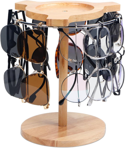 Sunglasses Organizer with 360 Rotating Display, Eyeglasses Rack, Wood Base for 12 Pairs of Eyewear for Desk Dresser