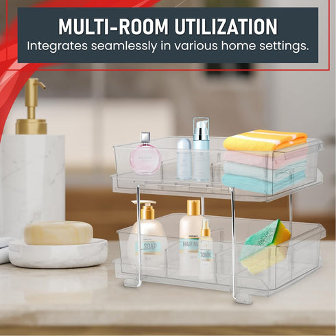 Masirs 2-Tier Clear Pull-Out Drawer Organizer, Compact Makeup and Closet Organizer, Easy Assembly Kitchen Storage