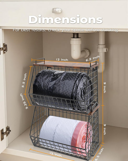 2 Pack 13/33 Stackable Extra Large Trash Bag Holder Under Sink, Wall Mounted Garbage Bag Dispenser Roll Holder