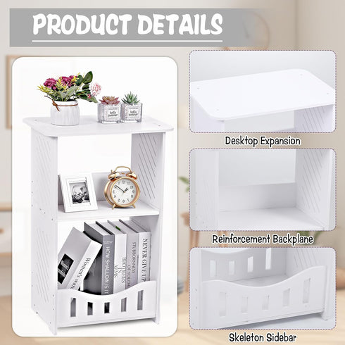 Wensdr 3 Tier Side Table Night Stand, Narrow End Table with Storage Shelf, Extended Desktop & Solid Structure, Small