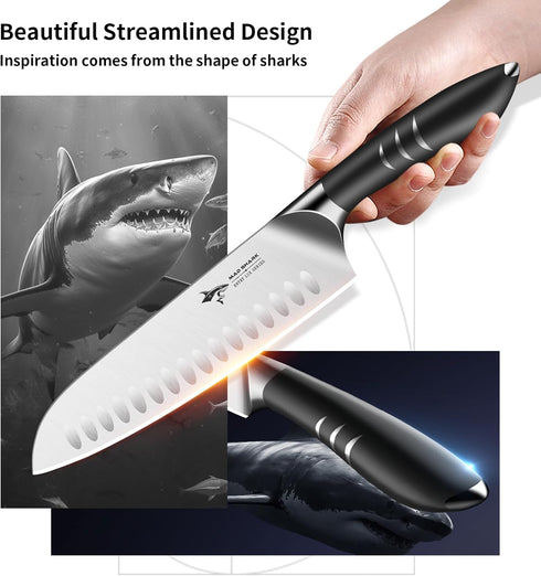 MAD SHARK Premium Santoku Knife - 8 Inch Professional Kitchen Knife, German Stainless Steel, Black