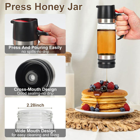 YIK TUNG 12 Oz Glass Honey Dispenser Pot with Silicone Base No Drip Honey Container Jar, Maple Syrup Dispenser