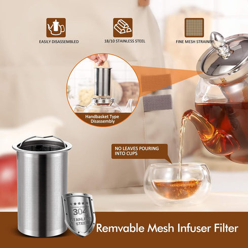 1500ml Set HIWARE Glass Teapot with Removable Infuser, Stovetop Safe Tea Kettle, Blooming and Loose Leaf Tea Maker