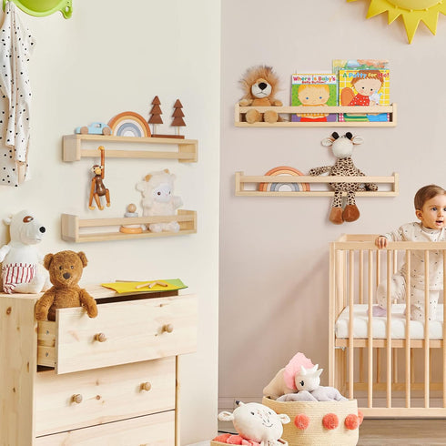 24Inch Set 2 Fun Memories Nursery Book Shelves, Floating Shelf for Wall, Wall Bookshelf for Kids Solid Wood Wall