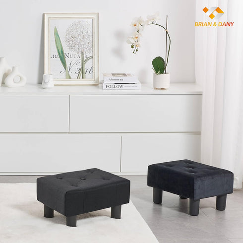 Compact Black Linen Footstool with Sturdy Legs - Ideal for Living Room
